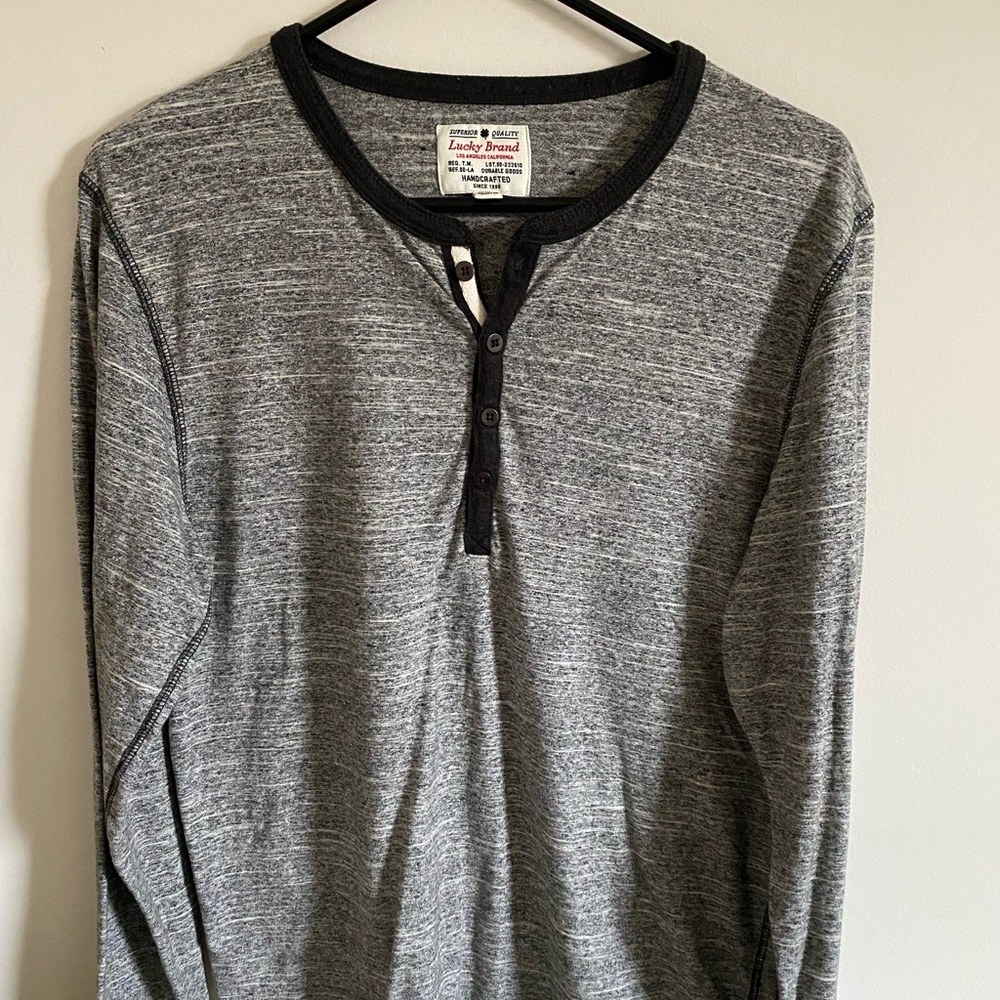 Lucky Brand gray and black long-sleeve tshirt.